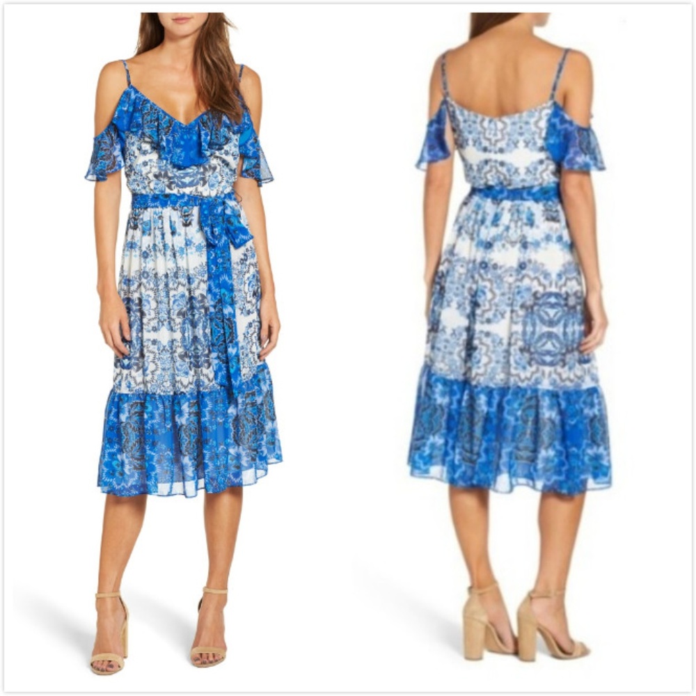 NWT Eliza J Cold Shoulder Ruffle Sheath Dress